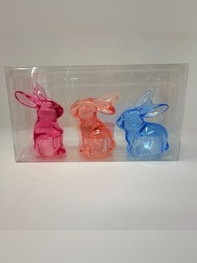 Clear Acrylic Bunny Figurine Set of Three - Pink, Peachy Orange, Blue